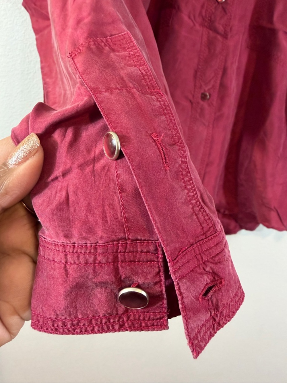 Vintage Croquet Club Silk Button Up Blouse Size M Cranberry Red Long Sleeve - Picture 3 of 10
